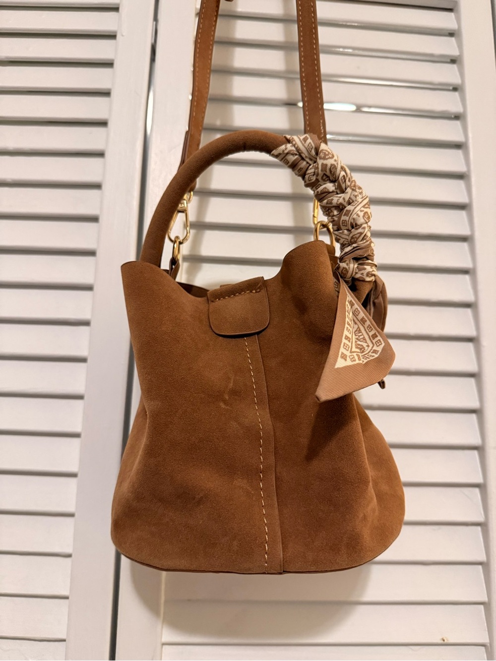 Brown Suede Bucket Bag with Silk Scarf Accent
